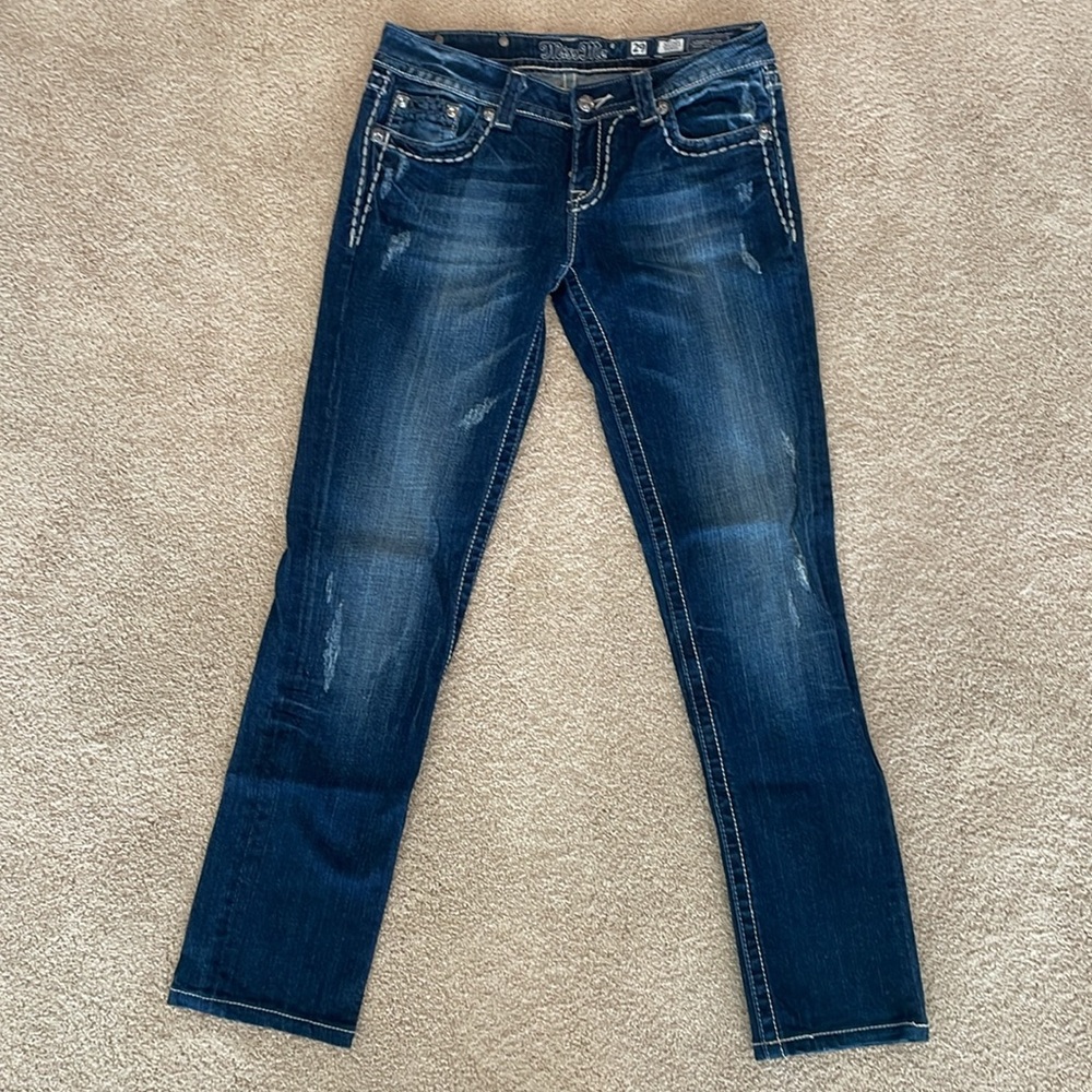 Miss Me Dark Blue Skinny Jeans with Intricate Silver Details - Picture 4 of 7